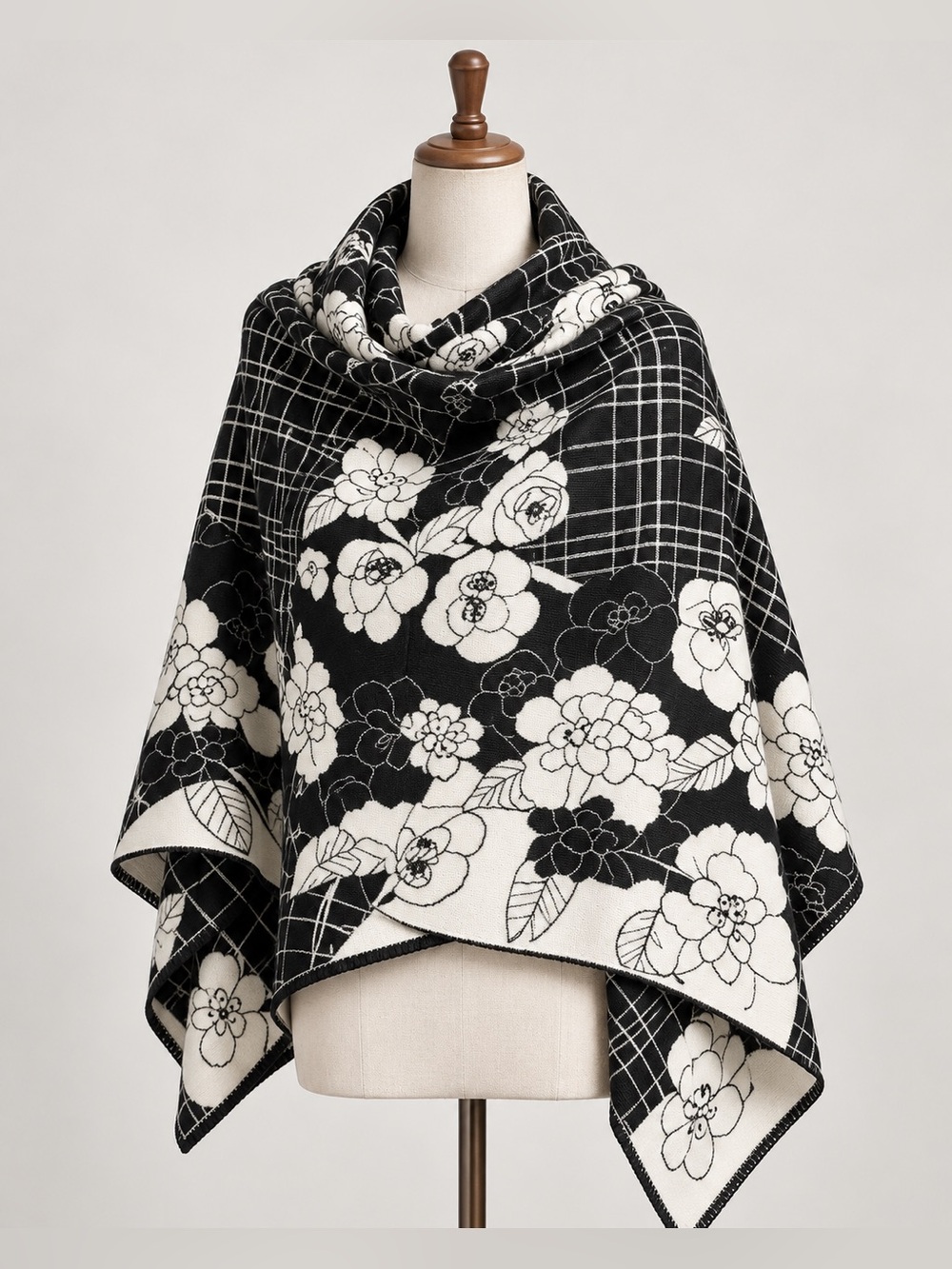 Women’s 100% Wool Black & White Floral Shawl Scarf – Oversized Grid Print Wrap